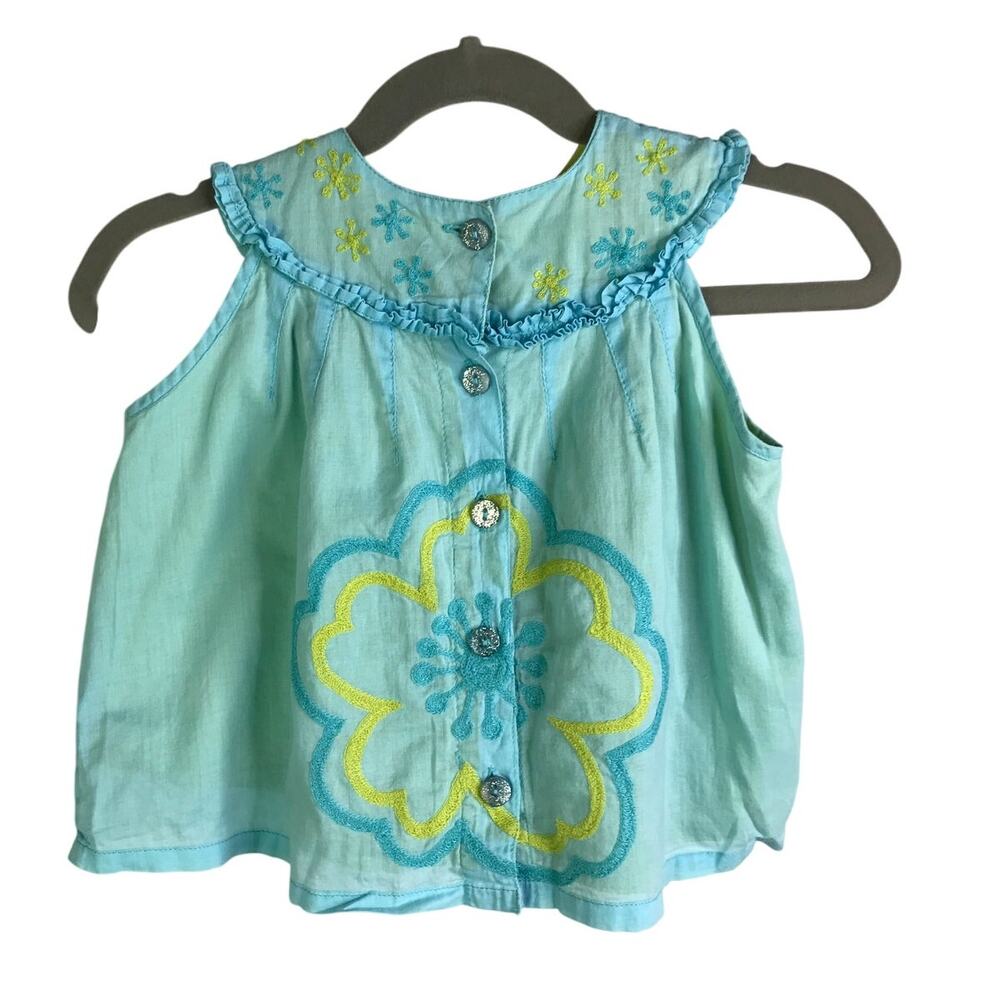 Oilily Dress Toddlers Size 92 Cyan Blue Sleeveless Embroidered‎ Button Back